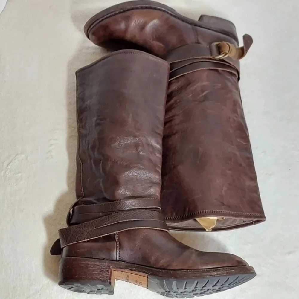 Vintage Shoe Company Distressed Brown Leather Boots Wrap Around Buckle Straps